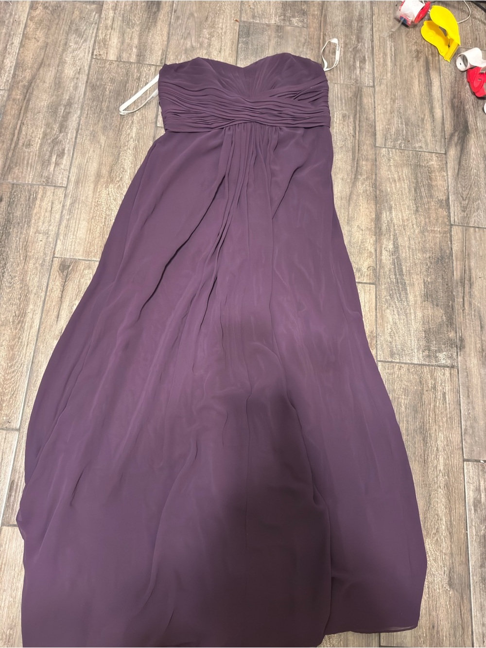 David's Bridal Strapless Plum Chiffon Gown